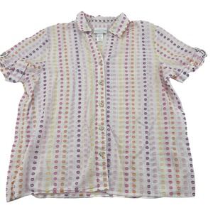 Alfred Dunner Womens Short Sleeve Button Down Shirt White Multi Cotton Size M
